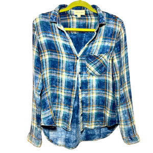 Cloth & Stone Cotton Distressed Plaid button down Shirt Blue‎ M